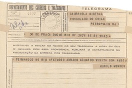 [Telegrama] 1944 maio 26, Rio DF, [Brasil] [a] Gabriela Mistral, Consulado do Chile, Petrópolis, RJ, [Brasil]
