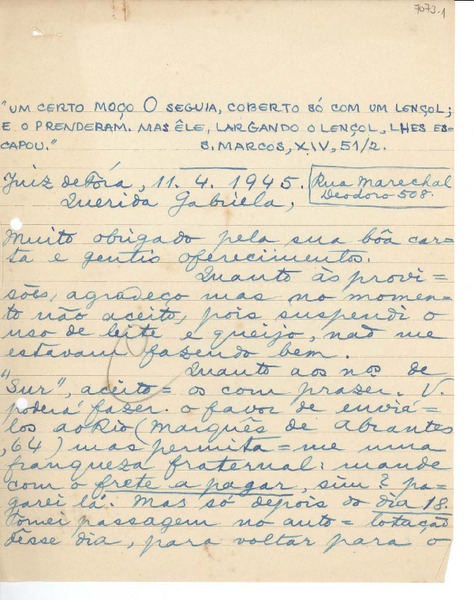 [Carta] 1945 abr. 11, [Brasil] [a] Gabriela [Mistral]