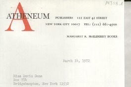 [Carta] 1972 Mar. 14, 122 East 42 street, New York city 10017, [EE.UU.] [a] Miss Doris Dana, Box 784, Bridgehampton, New York 11932, [EE.UU.]
