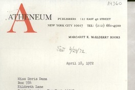 [Carta] 1972 Apr. 18, 122 East 42 street, New York city 10017, [EE.UU.] [a] Miss Doris Dana, Box 784, Hildreth Lane, Bridgehampton, New York 11932, [EE.UU.]