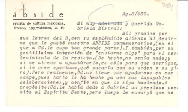 [Tarjeta] 1950 ago. 5, [México D.F.] [a] Gabriela [Mistral], [Fortín de las Flores, México]