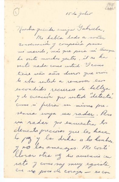 [Carta] [1948] jul. 15, [Puerto Rico] [a] Gabriela Mistral