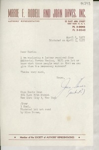 [Carta] 1957 Apr. 8, [New York, Estados Unidos] [a] Miss Doris Dana 204 East 20th Street, New York City 3, New York