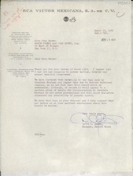 [Carta] 1961 Apr. 12, [México D. F.] [a] Miss Joan Daves, Marie Rodell and Joan Daves, Inc., 15 east 48 Street, New York 17, N. Y.