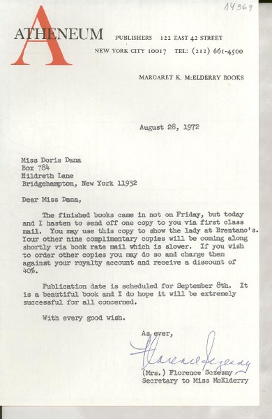 [Carta] 1972 Aug. 28, 122 East 42 street, New York city 10017, [EE.UU.] [a] Miss Doris Dana, Box 784, Hildreth Lane, Bridgehampton, New York 11932, [EE.UU.]