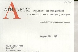 [Carta] 1972 Aug. 28, 122 East 42 street, New York city 10017, [EE.UU.] [a] Miss Doris Dana, Box 784, Hildreth Lane, Bridgehampton, New York 11932, [EE.UU.]