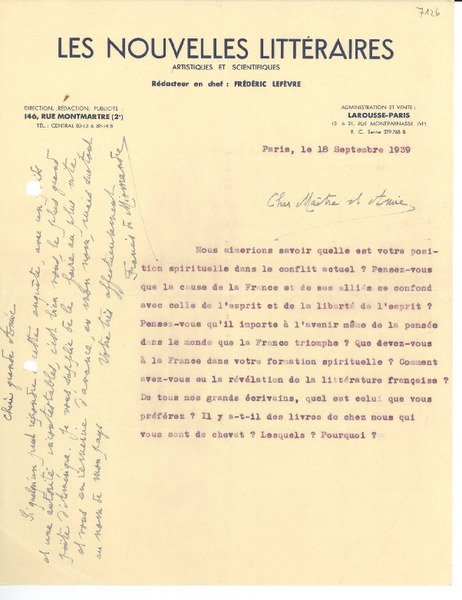 [Carta] 1939 sept. 18, Paris [a] [Gabriela Mistral]
