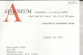 [Carta] 1972 Oct. 18, 122 East 42 street, New York city 10017, [Estados Unidos] [a] Miss Doris Dana, Box 784, Hildreth Lane, Bridgehampton, N. Y. 11932