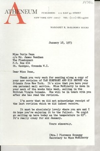[Carta] 1973 Jan. 18, 122 East 42 street, New York City 10017, [EE.UU.] [a] Miss Doris Dana, co Mr. James Needham, The Flamboyant, P.O. Box 214, St. Georges, Grenada, W.I.