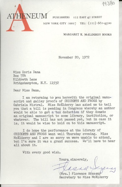 [Carta] 1972 Nov. 20, 122 East 42 street, New York city 10017, [Estados Unidos] [a] Miss Doris Dana, Box 784, Hildreth Lane, Bridgehampton, N. Y. 11932