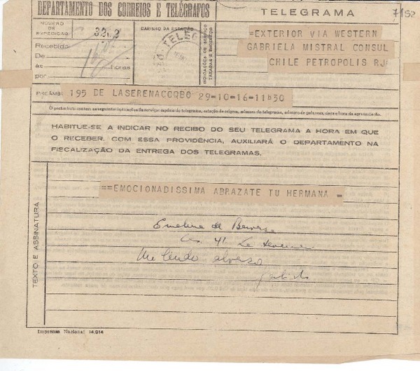 [Telegrama] 1945 nov. 16, La Serena [a] Gabriela Mistral, Petrópolis