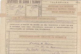 [Telegrama] 1945 nov. 16, La Serena [a] Gabriela Mistral, Petrópolis