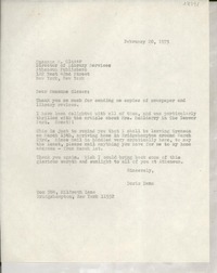 [Carta] 1973 Feb. 20, Box 784, Hildreth Lane, Bridgehampton, New York 11932, [EE.UU.] [a] Suzanne M. Glazer, Director of Library Services, Atheneum Publishers, 122 East 42nd Street, New York, New York, [EE.UU.]