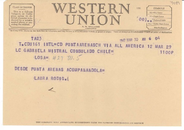 [Telegrama] 1947 mar. 30, Punta Arenas, [Chile] [a] Gabriela Mistral, Consulado de Chile, Los Angeles, [EE.UU.]