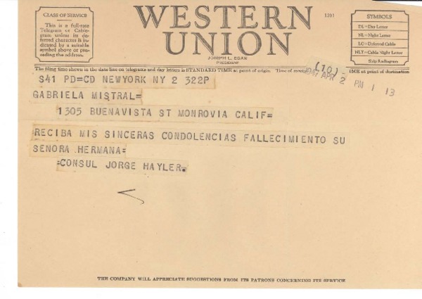[Telegrama] 1947 Apr. 2, New York, [EE.UU.] [a] Gabriela Mistral, Monrovia, Calif., [EE.UU.]