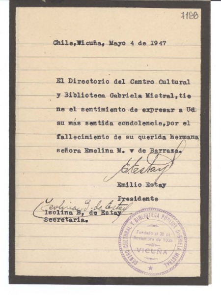 [Carta] 1947 mayo 4, Vicuña, Chile [a] Gabriela Mistral