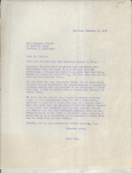 [Carta] 1963 Feb. 13, New York, [EE.UU.] [a] Mr. Fernando Alegria, 55 Arlmonte Drive, Berkeley 7, California, [EE.UU.]