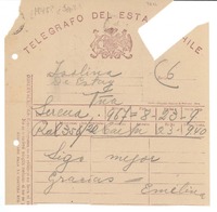 [Telegrama] [1945?], La Serena, [Chile] [a] Isolina de Estay, Viña [del Mar], [Chile]