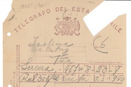 [Telegrama] [1945?], La Serena, [Chile] [a] Isolina de Estay, Viña [del Mar], [Chile]
