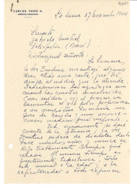 [Carta] 1944 nov. 27, La Serena [a] Gabriela Mistral, Petrópolis