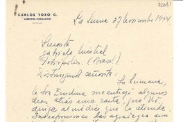 [Carta] 1944 nov. 27, La Serena [a] Gabriela Mistral, Petrópolis