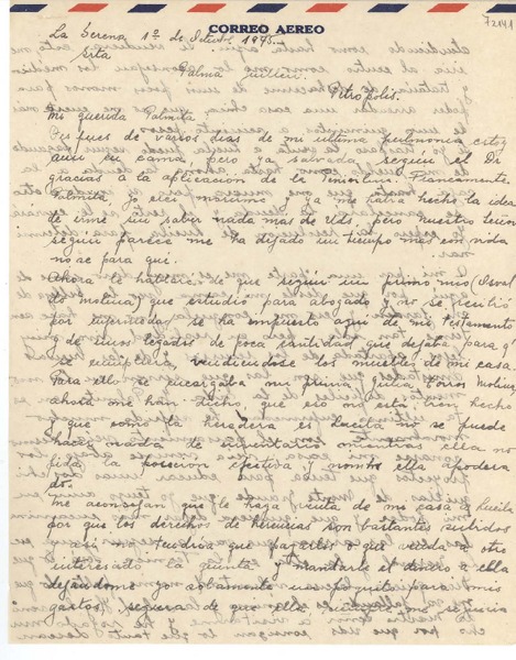 [Carta] 1945 oct. 1, La Serena, [Chile] [a] Palma Guillén, Petrópolis, [Brasil]