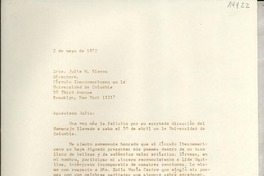 [Carta] 1972 mayo 2, 80 Pembrook Drive Yonkers, New York 10710, [EE.UU.] [a la] Srta. Julia M. Blanco, Directora, Círculo Iberoamericano en la Universidad de Columbia, 30 third Avenue Brooklyn, New York 11217, [EE.UU.]
