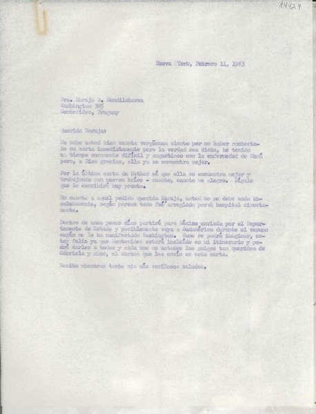 [Carta] 1963 feb. 11, Nueva York, [EE.UU.] [a la] Sra. Maruja B. Mendilaharsu, Washington 305, Montevideo, Uruguay