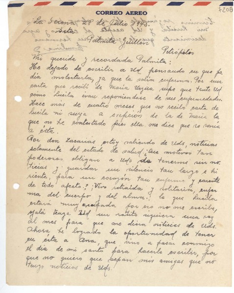 [Carta] 1945 jul. 28, La Serena [a] Palmita Guillén, Petrópolis