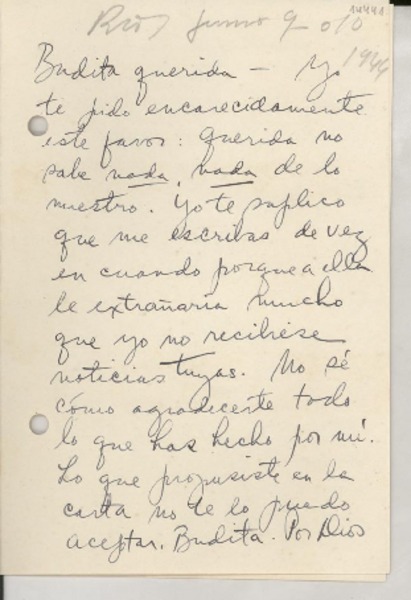 [Carta] [1944 jun. 10], Rio [de Janeiro], [Brasil] [a] Budita querida