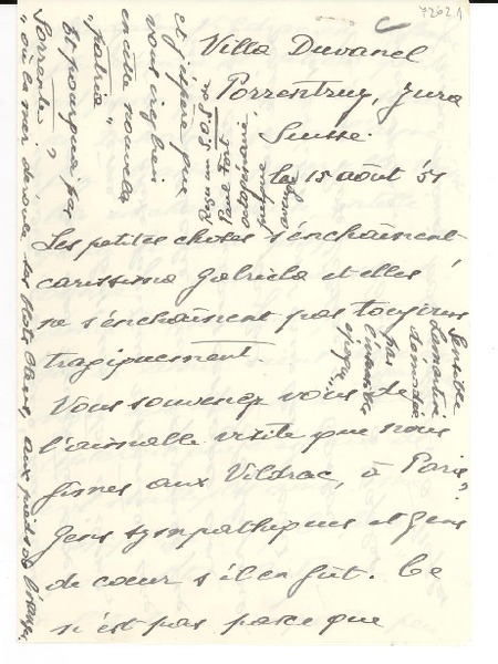 [Carta] 1954 ago. 15, Porrentruy, Suiza [a] Gabriela [Mistral]