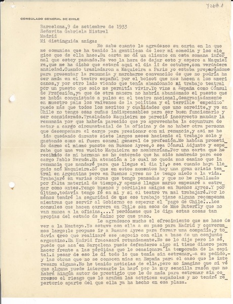 [Carta] 1933 sept. 9, Barcelona, [España] [a] Gabriela Mistral, Madrid