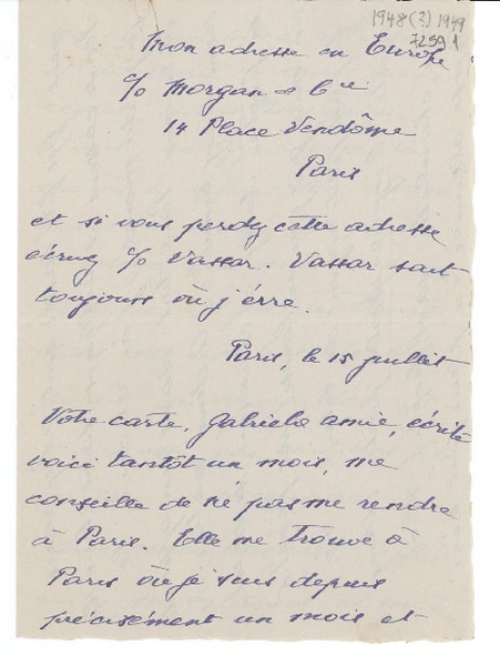 [Carta] 1948 jul. 15, París [a] Gabriela Mistral