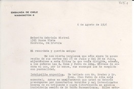 [Carta] 1946 ago. 6, Washington D.C., [EE.UU.] [a] Gabriela Mistral, Monrovia, California, [EE.UU.]