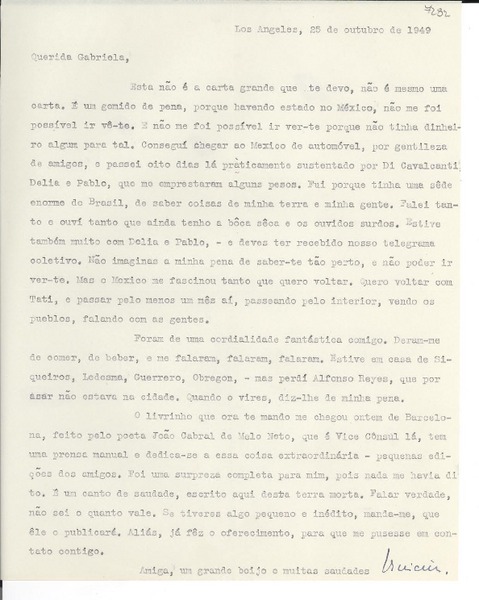 [Carta] 1949 oct. 25, Los Angeles, [EE.UU.] [a] Gabriela [Mistral]