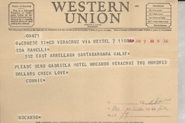 [Telegrama] 1949 ene. 7, Veracruz, [México] [a] Eda Ramelli, 512 East Arrellaga, Santa Barbara, Calif., [EE.UU.]