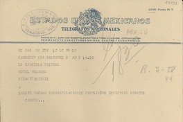 [Telegrama] 1949 abr. 5, Camagüey, [México] [a] Gabriela Mistral, Hotel Mocambo, Veracruz, [México]