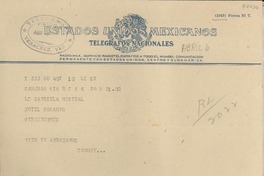 [Telegrama] 1949 abr. 6, San Juan, [Puerto Rico] [a] Gabriela Mistral, Hotel Mocambo, Veracruz, [México]
