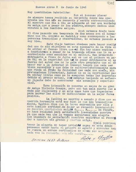 [Carta] 1946 jun. 8, Buenos Aires [a] Gabriela Mistral