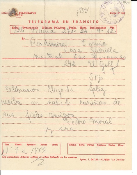 [Telegrama] [1954?], Vicuña, [Chile] [a] Radomiro Tomic, Gabriela Mistral, Santiago, [Chile]