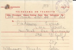 [Telegrama] [1954?], Vicuña, [Chile] [a] Radomiro Tomic, Gabriela Mistral, Santiago, [Chile]