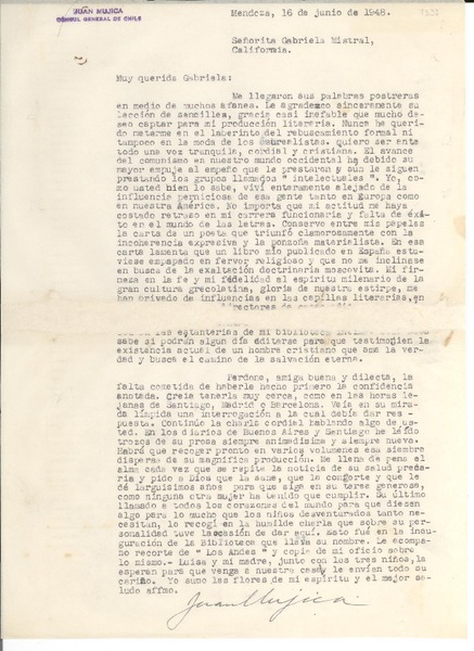[Carta] 1948 jun. 16, Mendoza, [Argentina] [a] Gabriela [Mistral], California, [EE.UU.]