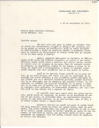 [Carta] 1947 nov. 10, México D. F. [a] Gabriela Mistral, Santa Bárbara, California
