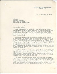 [Carta] 1948 dic. 29, México D. F. [a] Gabriela Mistral, Hotel Ruiz Galindo, Fortín de las Flores