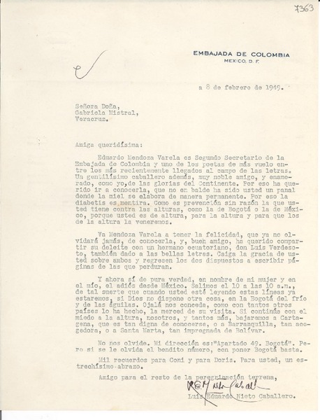 [Carta] 1949 feb. 8, México D. F. [a] Gabriela Mistral, Veracruz