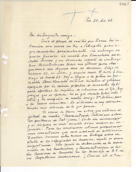 [Carta] 1943 dic. 20, Río de Janeiro [a] Gabriela Mistral, Petrópolis