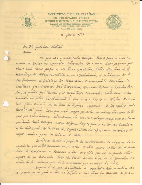 [Carta] 1939 jun. 11, New York, [EE.UU.] [a] Gabriela Mistral, Niza