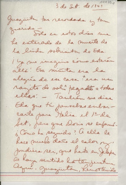 [Carta] 1949 sept. 3, [a la] Guagüita tan recordada y tan querida