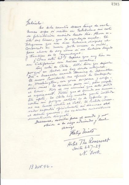 [Carta] 1946 nov. 13, New York [a] Gabriela Mistral