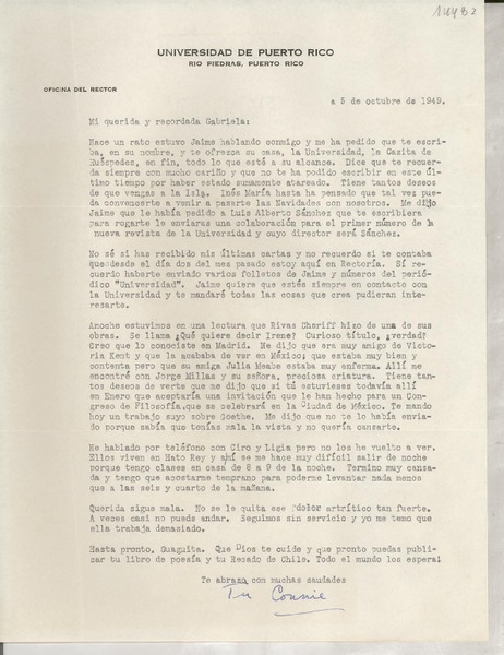 [Carta] 1949 oct. 5, Río Piedras, Puerto Rico [a] Mi querida y recordada Gabriela
